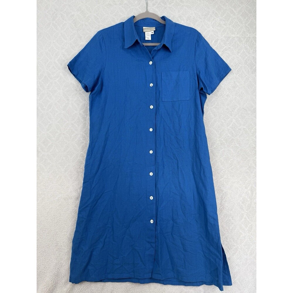 Coldwater Creek Shirt Dress Medium Blue Linen Blend Coastal Resort Casual Preppy